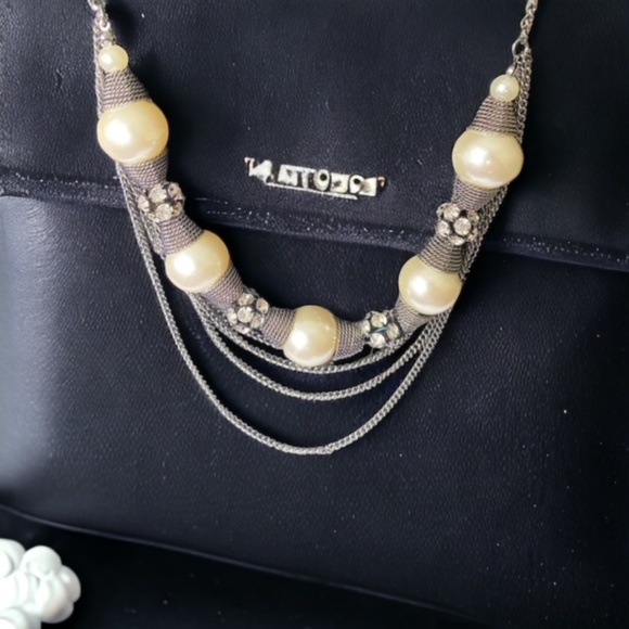 Women Multi Chain Statement Necklace Pearls and Crystals - Picture 2 of 6